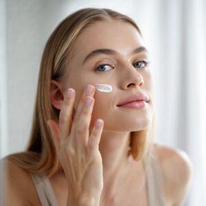 Girl standing in front of mirror applying face moisturizer